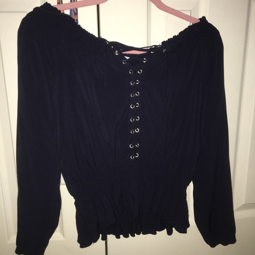 Synched navy tie up off the shoulder top